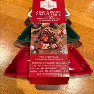 Holiday Time Acacia Wood Charcuterie Tray with Festive Bowls
